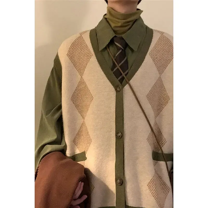 Aidase mens outfits INS Retro Set Men Women Preppy Knitted Vest Harajuku Loose Long Sleeve Shirt Straight Wideleg Casual Trousers Couple Three-piece