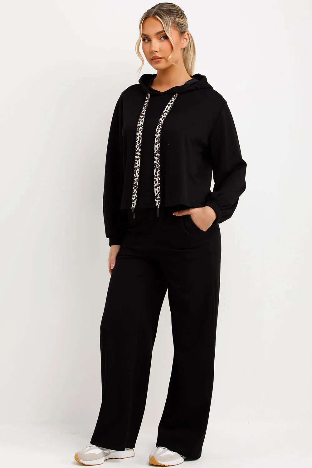 Black Hoodie And Jogger Trouser Lounge Set With Leopard Print Straps