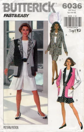 Butterick 6036 Womens Colour Blocked Jacket Skirt & Flared Shorts 1990s Vintage Sewing Pattern Size 12 - 16 UNCUT Factory Folded