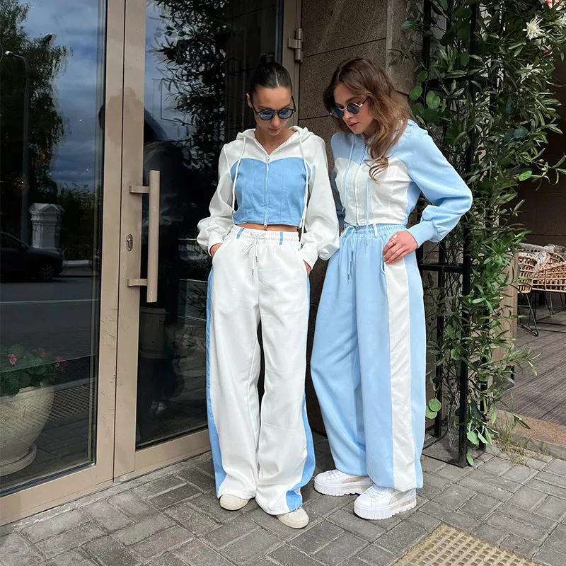 Casual Contrast Color Long Sleeve Color Matching Cardigan Cap Sweatpants Two-piece Set