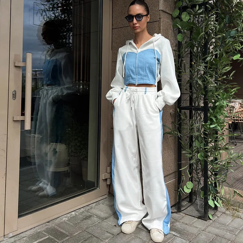 Casual Contrast Color Long Sleeve Color Matching Cardigan Cap Sweatpants Two-piece Set