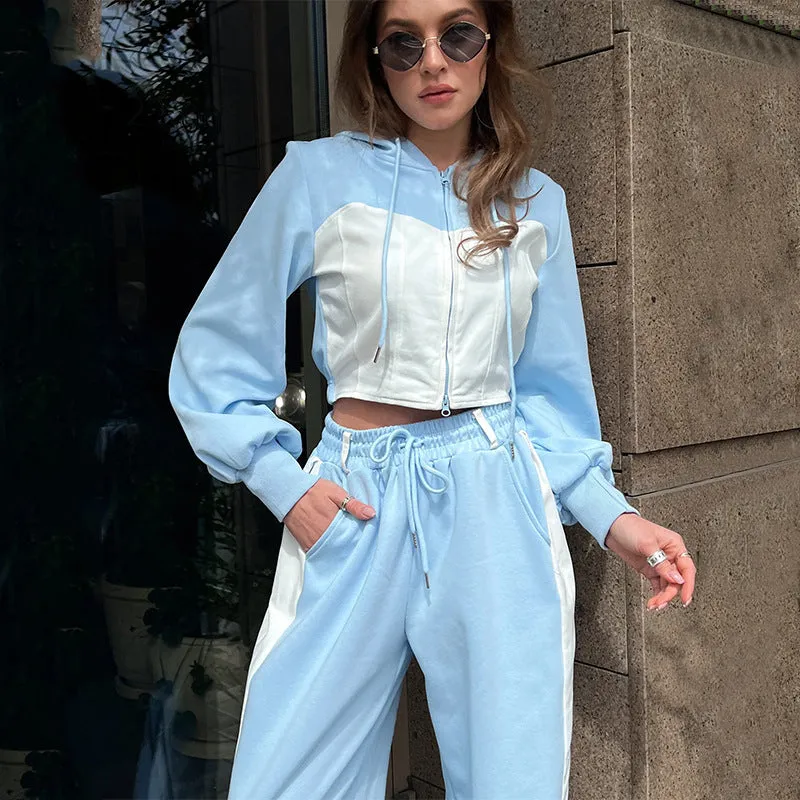 Casual Contrast Color Long Sleeve Color Matching Cardigan Cap Sweatpants Two-piece Set