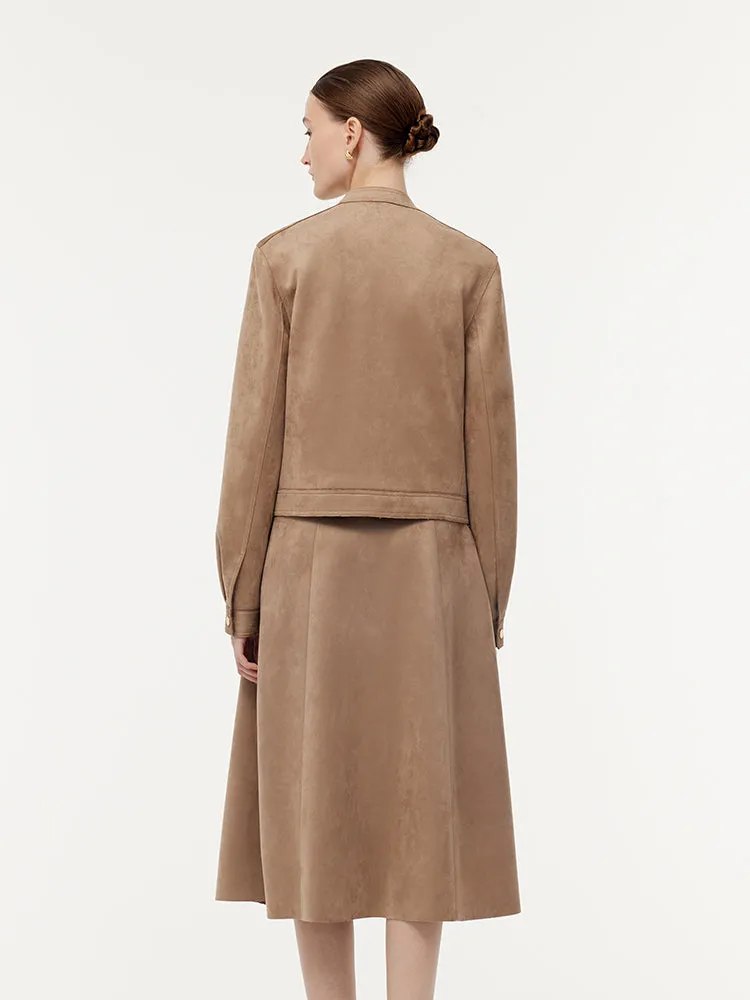 Faux Suede Zip-Up Crop Jacket And Midi Skirt Two-Piece Set