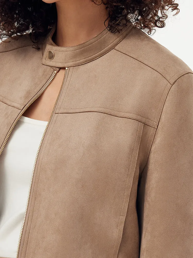 Faux Suede Zip-Up Crop Jacket And Midi Skirt Two-Piece Set