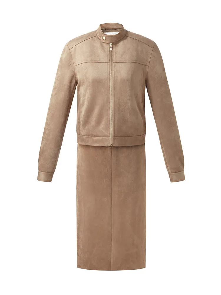 Faux Suede Zip-Up Crop Jacket And Midi Skirt Two-Piece Set
