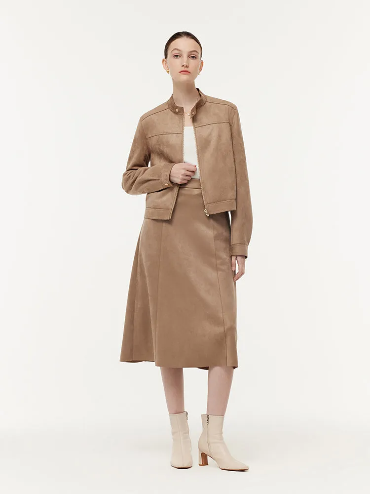 Faux Suede Zip-Up Crop Jacket And Midi Skirt Two-Piece Set