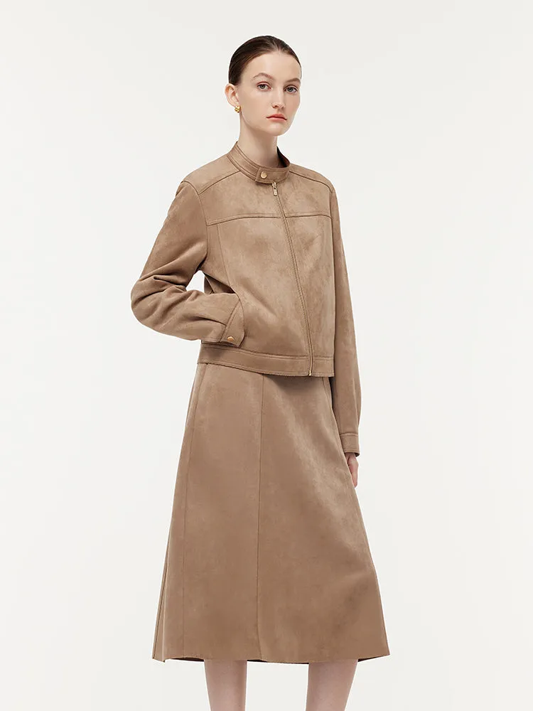 Faux Suede Zip-Up Crop Jacket And Midi Skirt Two-Piece Set