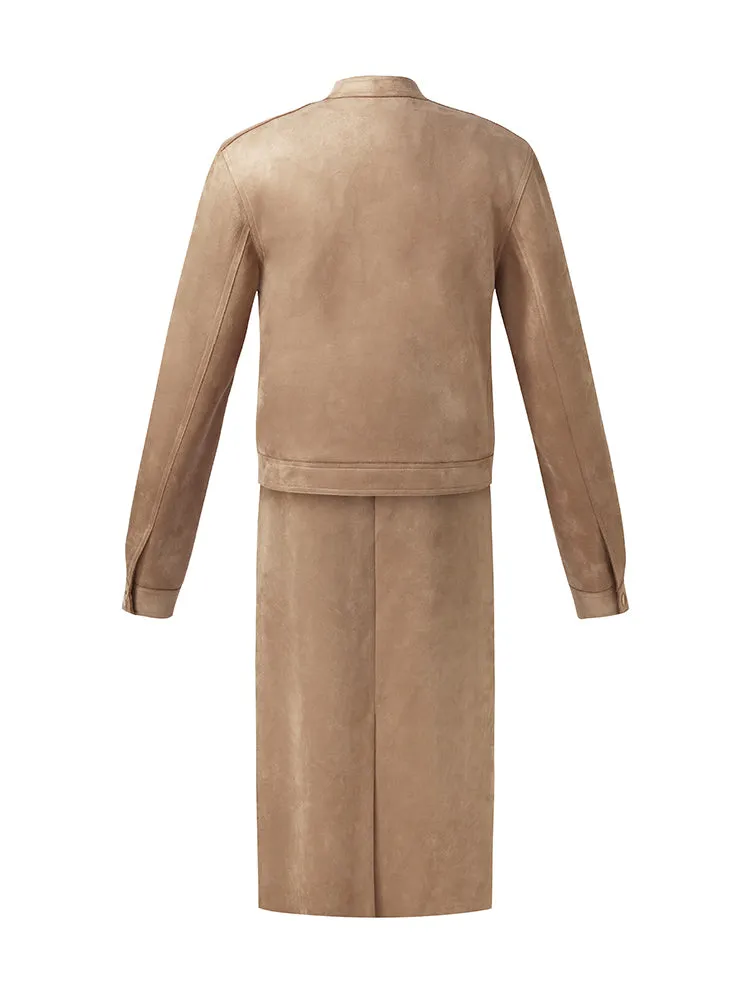 Faux Suede Zip-Up Crop Jacket And Midi Skirt Two-Piece Set