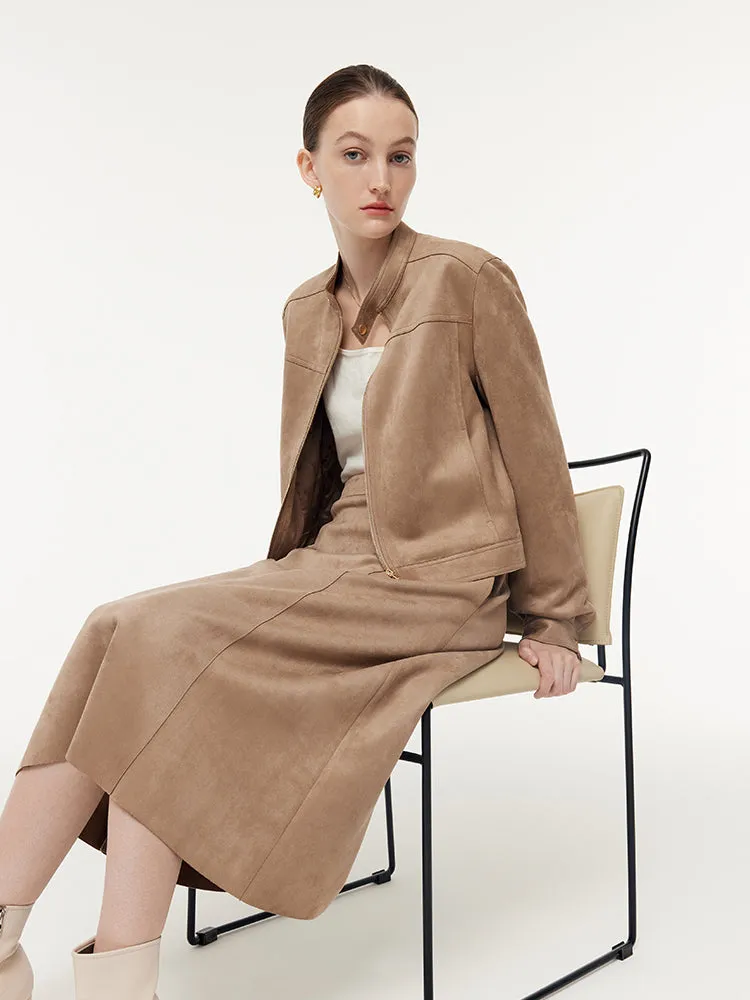 Faux Suede Zip-Up Crop Jacket And Midi Skirt Two-Piece Set