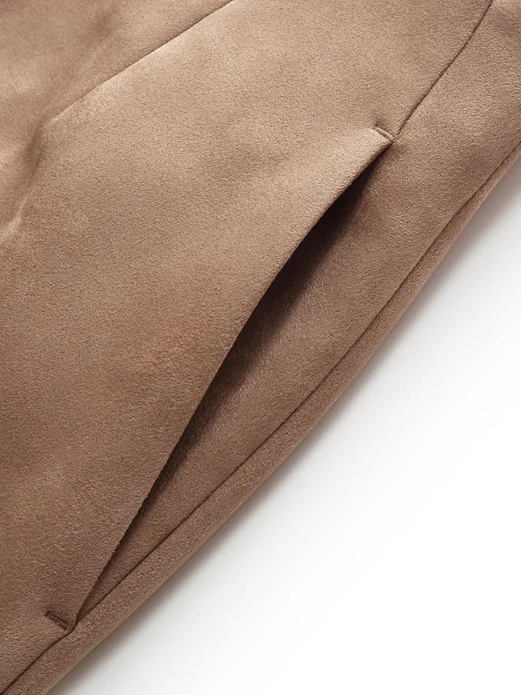Faux Suede Zip-Up Crop Jacket And Midi Skirt Two-Piece Set