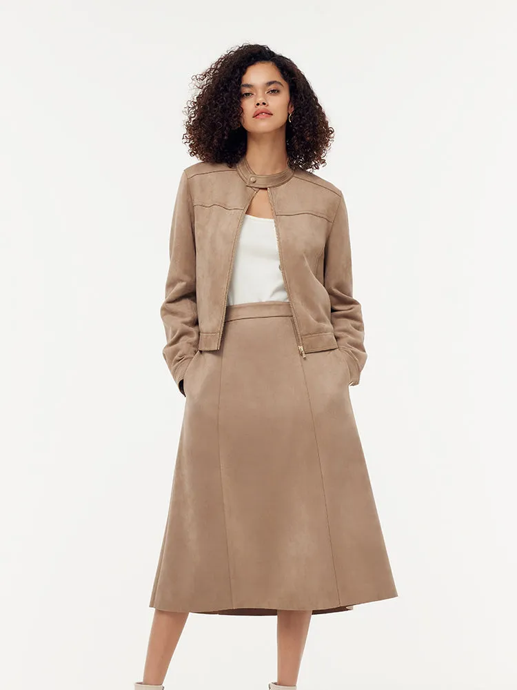 Faux Suede Zip-Up Crop Jacket And Midi Skirt Two-Piece Set