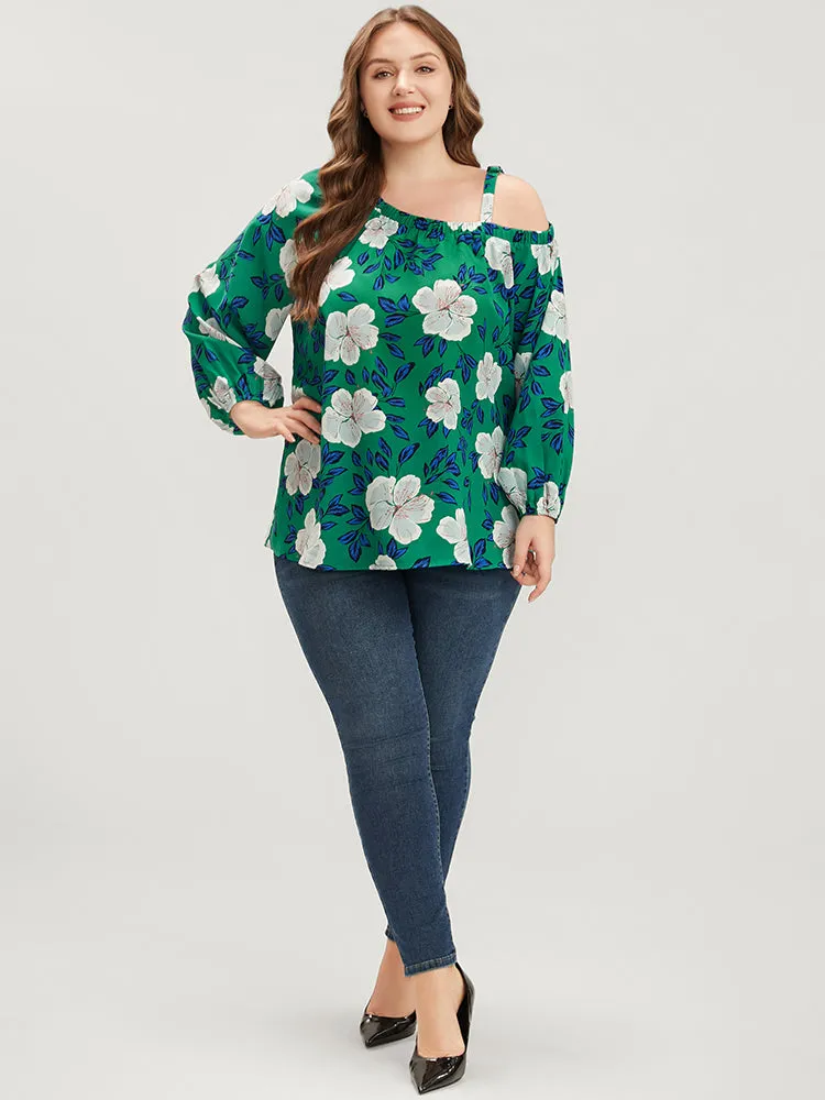 Floral Lantern Sleeve Adjustable Straps One Shoulder Blouse