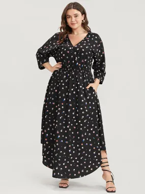 Graphic Pocket Surplice Neck Shirred Arc Hem Dress