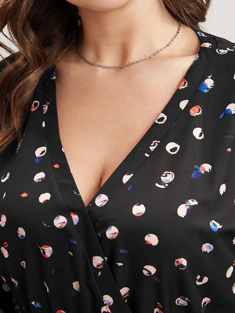 Graphic Pocket Surplice Neck Shirred Arc Hem Dress