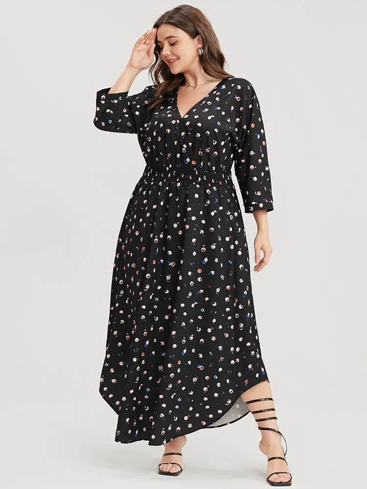 Graphic Pocket Surplice Neck Shirred Arc Hem Dress