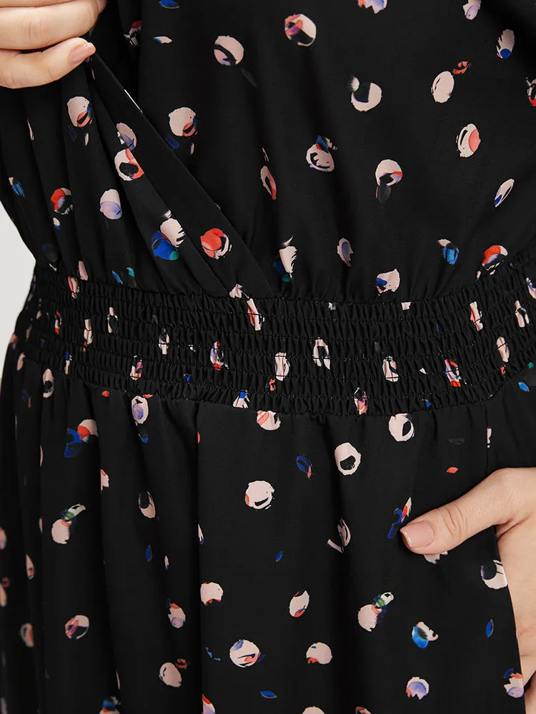 Graphic Pocket Surplice Neck Shirred Arc Hem Dress