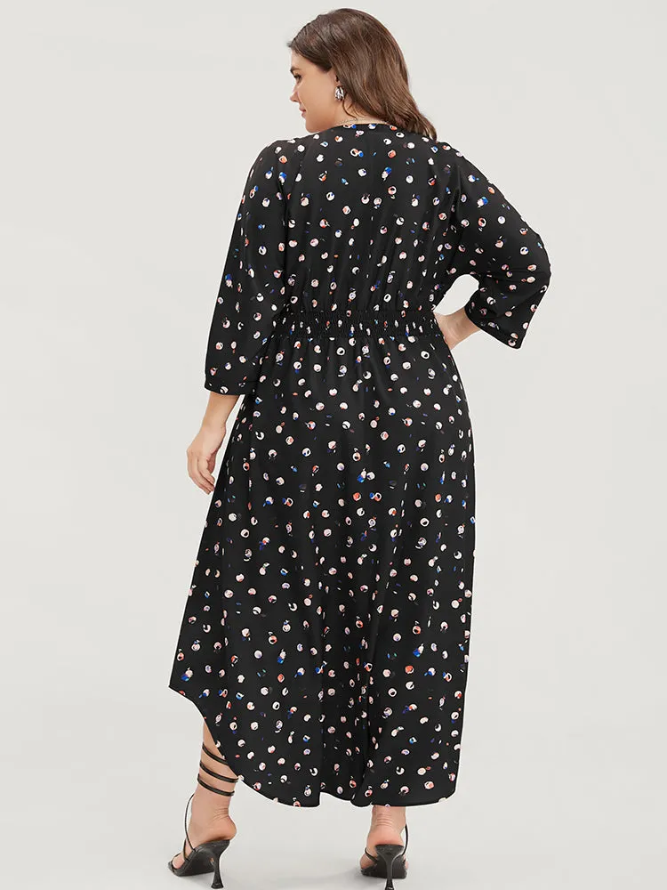 Graphic Pocket Surplice Neck Shirred Arc Hem Dress