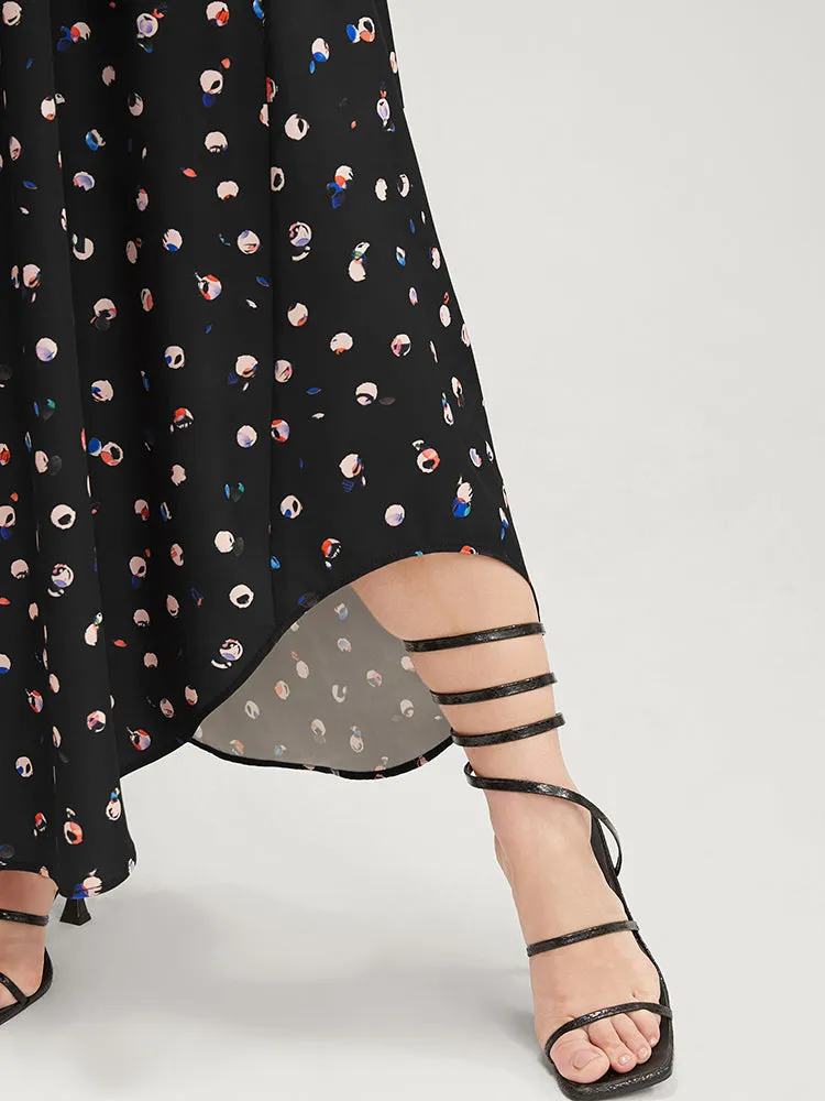 Graphic Pocket Surplice Neck Shirred Arc Hem Dress