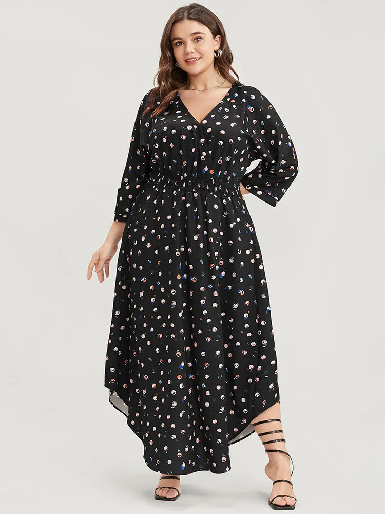 Graphic Pocket Surplice Neck Shirred Arc Hem Dress
