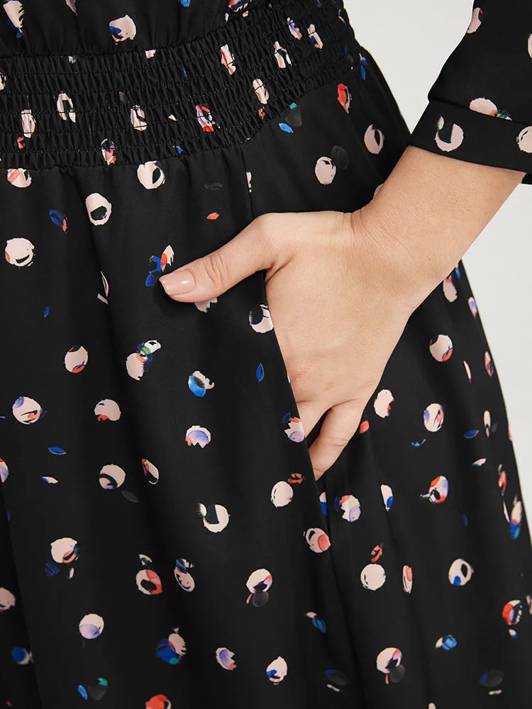 Graphic Pocket Surplice Neck Shirred Arc Hem Dress