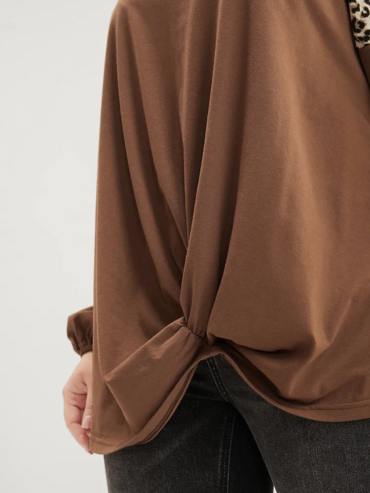 Leopard Patchwork Lantern Sleeve Twist Front Sweatshirt