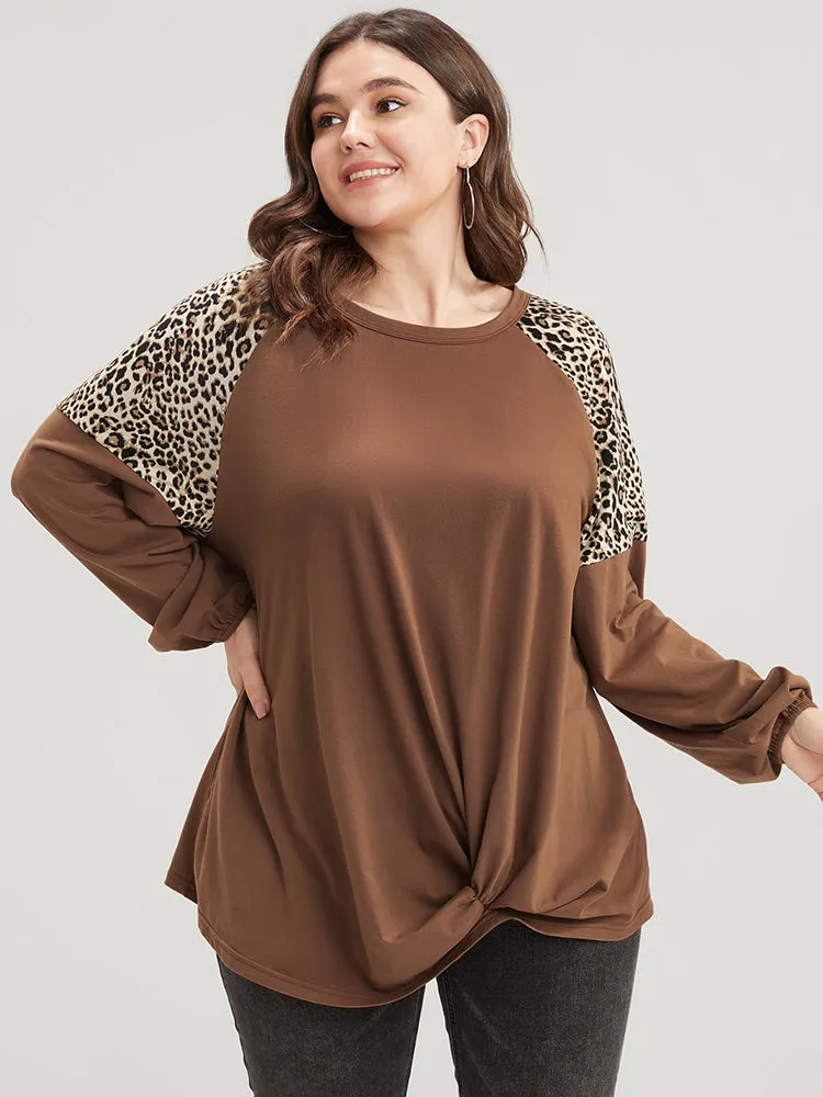 Leopard Patchwork Lantern Sleeve Twist Front Sweatshirt