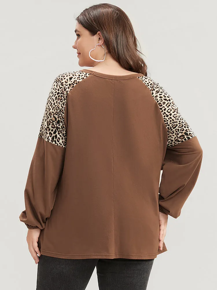 Leopard Patchwork Lantern Sleeve Twist Front Sweatshirt