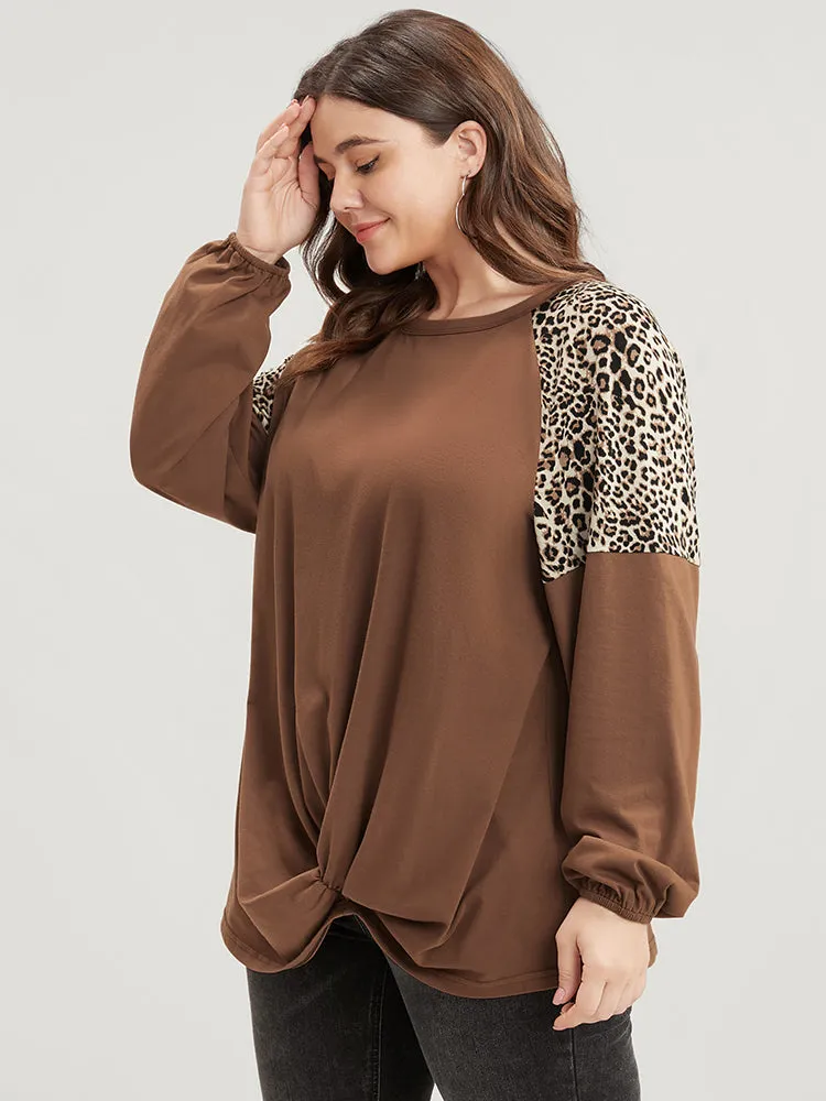 Leopard Patchwork Lantern Sleeve Twist Front Sweatshirt