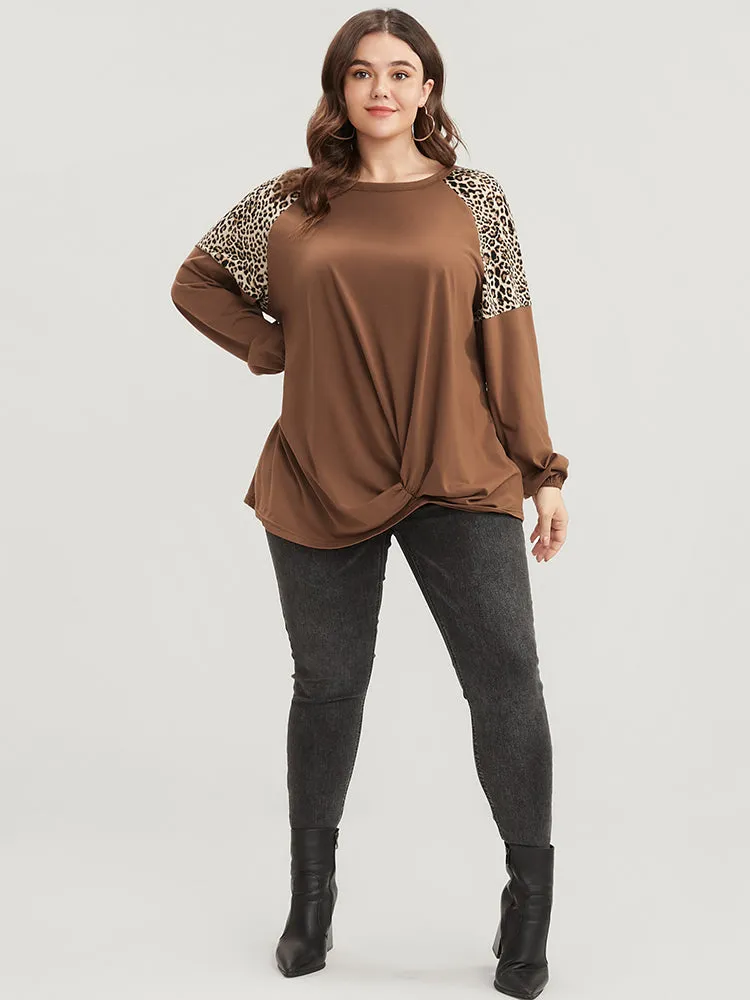 Leopard Patchwork Lantern Sleeve Twist Front Sweatshirt