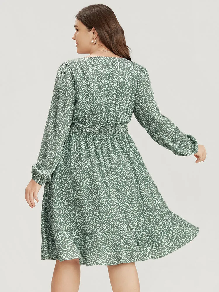 Leopard Print Lantern Sleeve Shirred Pocket Flutter Knee Dress