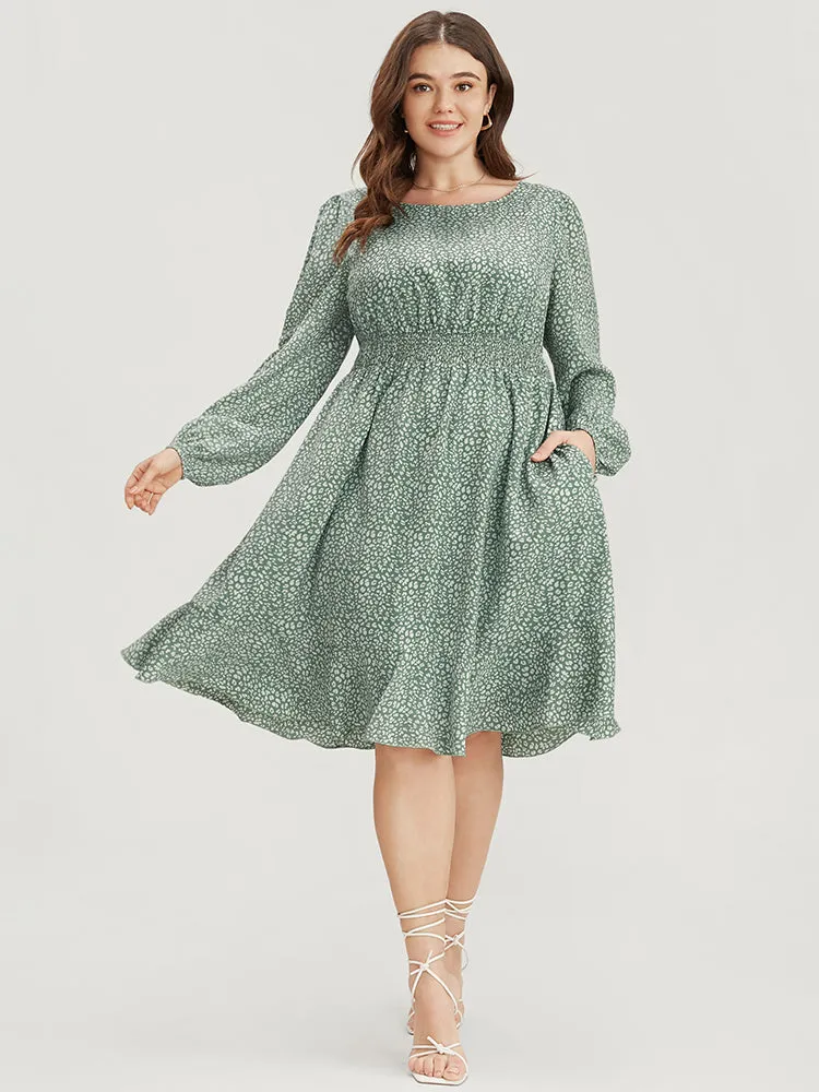 Leopard Print Lantern Sleeve Shirred Pocket Flutter Knee Dress