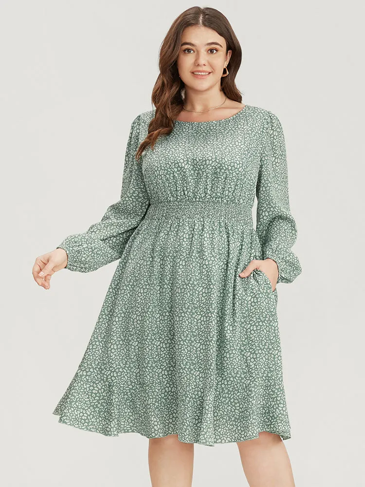 Leopard Print Lantern Sleeve Shirred Pocket Flutter Knee Dress
