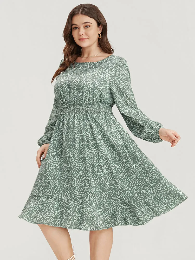 Leopard Print Lantern Sleeve Shirred Pocket Flutter Knee Dress