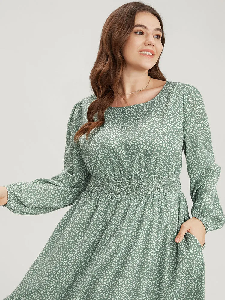 Leopard Print Lantern Sleeve Shirred Pocket Flutter Knee Dress