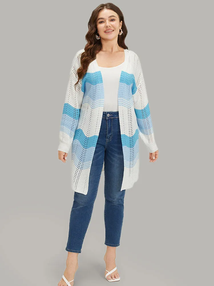 Ombre Geo Eyelet Tunic Open Front Elastic Cuffs Cardigan
