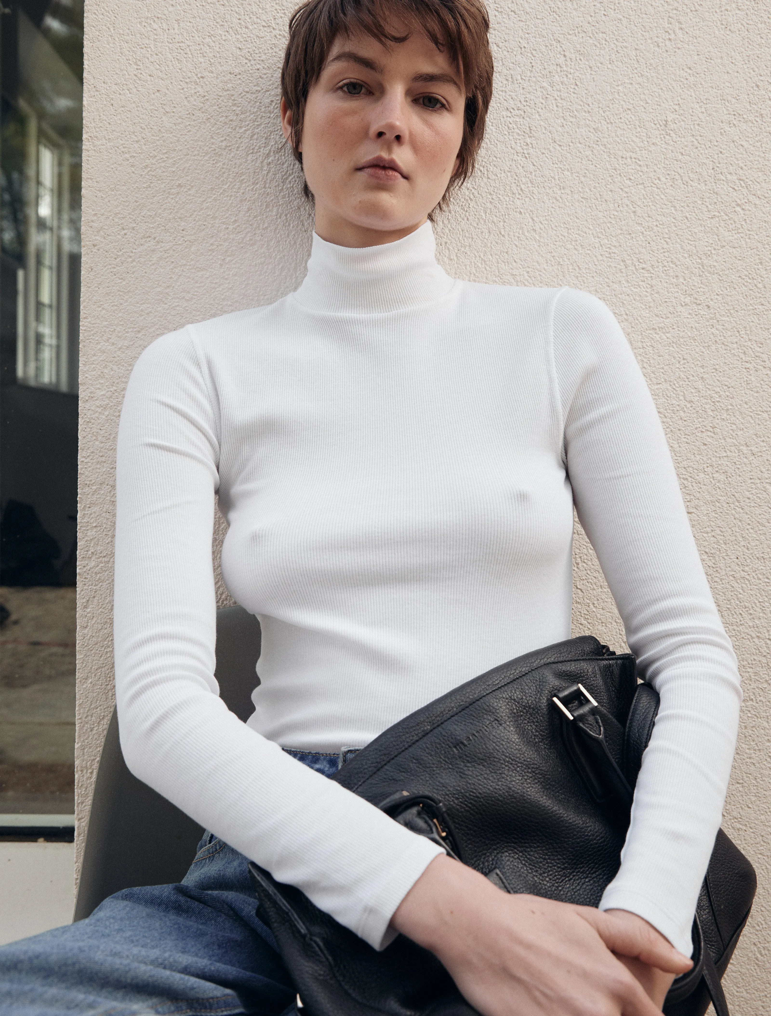 Suri Classic Rib High Neck Top in White