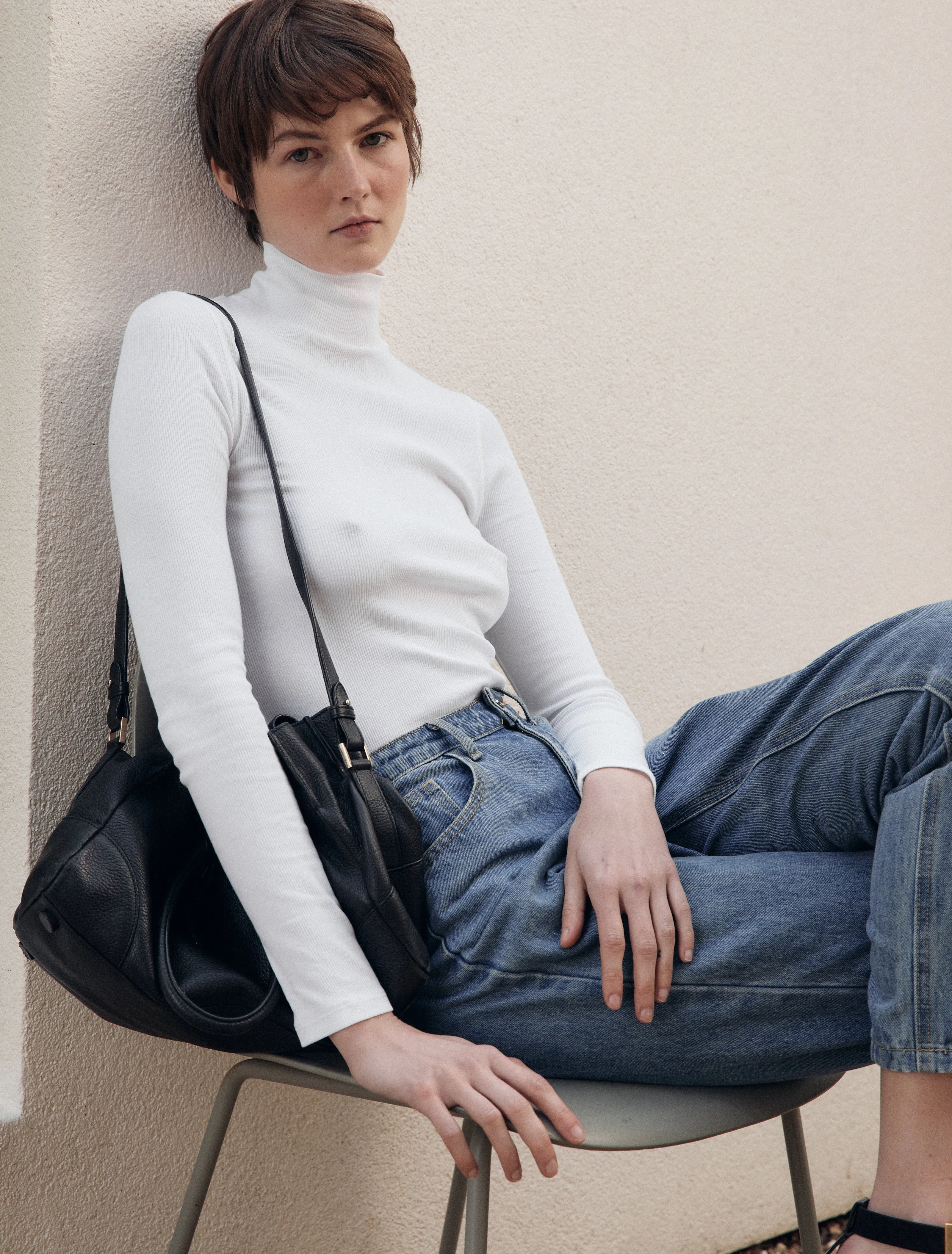 Suri Classic Rib High Neck Top in White